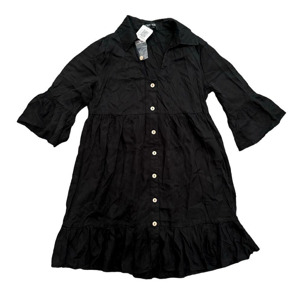 C'est Toi Tiered Button Down V-Neck Dress in Black, Size M​​​​